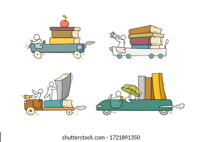 Sketch set of many books with little people. Doodle cute miniatures with cars and education symbols. Hand drawn cartoon vector illustration for school design.
