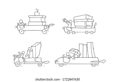 Sketch set of many books with little people. Doodle cute miniatures with cars and education symbols. Hand drawn cartoon vector illustration for school design.