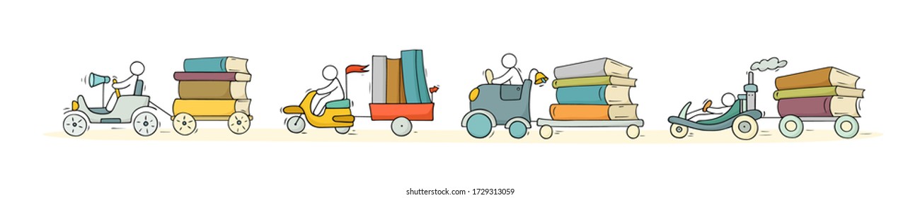 Sketch set of many books with little people. Doodle cute miniatures with cars and education symbols. Hand drawn cartoon vector illustration for school design.