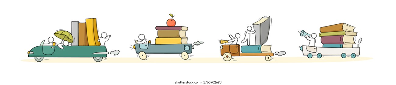 Sketch set of many books with little people. Doodle cute miniatures with cars and education symbols. Hand drawn cartoon vector illustration for school design.