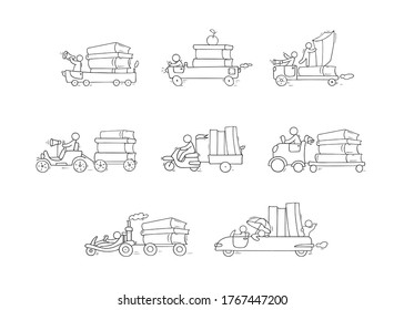 Sketch set of many books with little people. Doodle cute miniatures with cars and education symbols. Hand drawn cartoon vector illustration for school design.