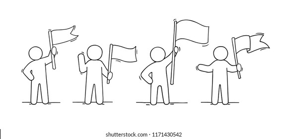 Sketch set of men with flags. Doodle cute concept about about power. Hand drawn cartoon vector illustration for business design.