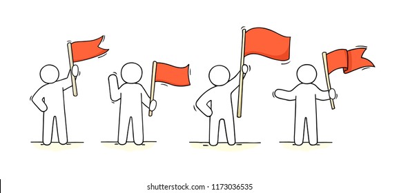 Sketch set of men with flags. Doodle cute concept about about power. Hand drawn cartoon vector illustration for business design.