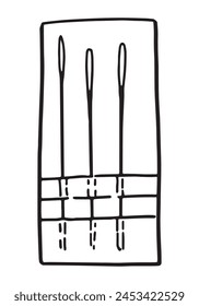 Sketch of set of needles. Tools for sewing work, needlecraft doodle. Outline vector illustration in retro engraving style.