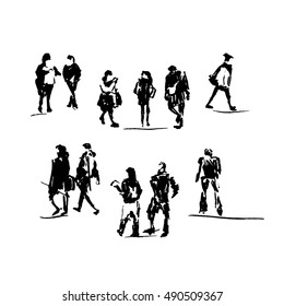 Sketch. Set of painted people. Ink brush.