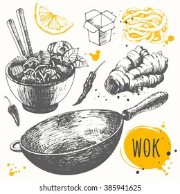 Sketch set with pan, chinese noodles, ginger, pepper. Vector food illustration with wok products. Asian fastfood