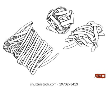 Sketch of a set pasta fettuccini. Vector illustration italian food. Vintage hand drawn doodle style. Noodle shaped pasta of rolled up isolated on white background.