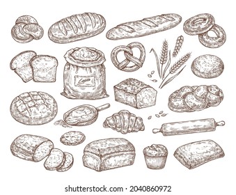 Sketch set with pastries, bread, flour and spikelets. Vector illustration of baking.