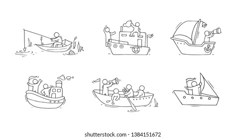Sketch set with people and boats. Doodle cute miniature scenes about transportation. Hand drawn cartoon vector illustration for vacation design.