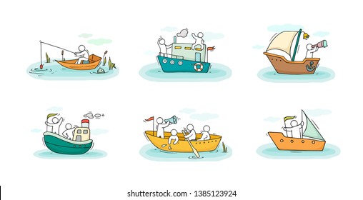 Sketch set with people and boats. Doodle cute miniature scenes about transportation. Hand drawn cartoon vector illustration for vacation design.