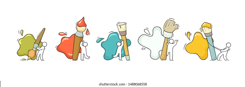 Sketch set with people and brushes. Doodle cute icons about art. Hand drawn cartoon vector illustration for education design.