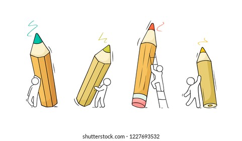 Sketch set with people and pencils. Doodle cute icons about art. Hand drawn cartoon vector illustration for education design.