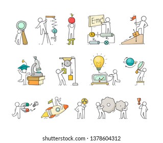 Sketch set of physics concepts with working little people. Doodle cute miniatures of teamwork and science symbols. Hand drawn cartoon vector illustration for school subject design.