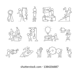 Sketch set of physics concepts with working little people. Doodle cute miniatures of teamwork and science symbols. Hand drawn cartoon vector illustration for school subject design.