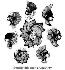 sketch set. portraits of a girls.