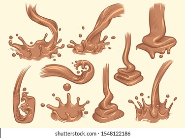 Sketch set of realistic splashes chocolate. Melted dark and milk chocolate. Liquid cocoa, coffee, chocolate. Hand drawn vector illustration