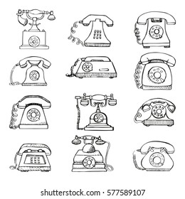 Sketch of set retro phone isolated on white background. Vector illustration.