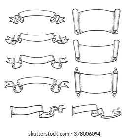 Sketch set of ribbons and scrolls. Hand drawn vector illustration. Isolated on white background.