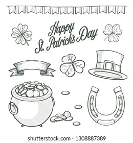 Sketch set for Saint Patricks Day, string of flags, pot of gold coins, horseshoe, clover leaf, hat of a leprechaun, lettering