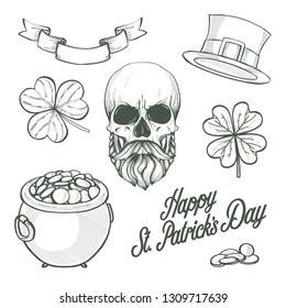 Sketch set for Saint Patricks Day, pot of gold coins, leprechauns skull with beard and mustaches, hat of a leprechaun, ribbon, clover leaf and lettering