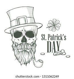 Sketch set for Saint Patricks Day, leprechauns skull with beard and mustaches, tobacco tube, and hat , clover leaf, lettering