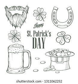 Sketch set for Saint Patricks Day, hat of a leprechaun, glass of beer, beard and mustaches, horseshoe, clover leaf, lettering