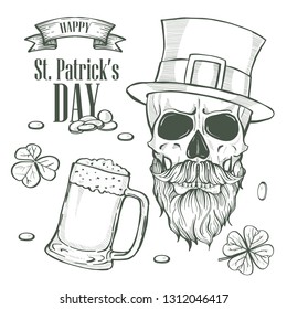 Sketch set for Saint Patricks Day, beard and mustaches, glass of beer, ribbons, clover leaf, hat of a leprechaun, ribbons