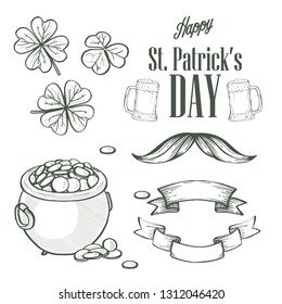 Sketch set for Saint Patricks Day, glass of beer, clover leaf, mustaches, pot of gold coins, ribbons, lettering
