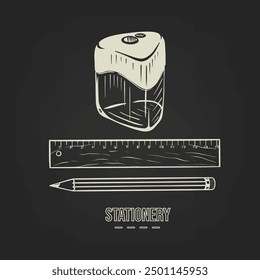 Sketch set sharpener, ruler pencil for sketching drawn by hand on Dark background. Vector