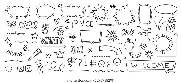 Sketch set of speech bubbles, arrows, underline, emphasis, phrases. Hand drawn brush stroke, highlight, underline, sparkle element, sunburst. Text design elements, symbols. Vector illustration.