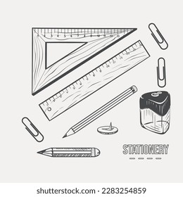 Esbozo conjunto de diseños de fondo: cuadrado, regla, afilador, clips de papel, lápices, botones dibujados a mano sobre un fondo claro. Vector