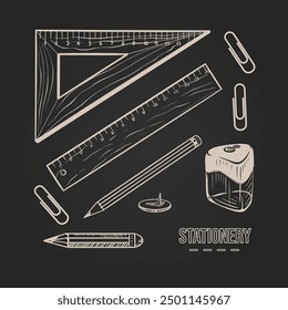 Sketch set of stationery: square, ruler, sharpener, paper clips, pencils, hand-drawn buttons on a dark background. Vector