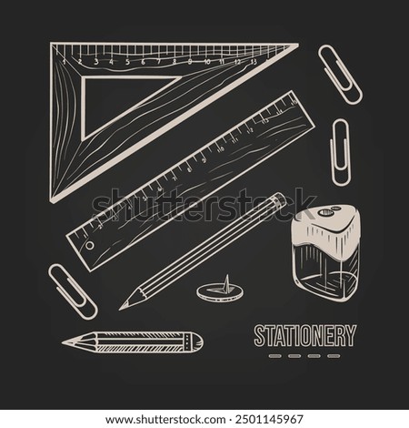 Sketch set of stationery: square, ruler, sharpener, paper clips, pencils, hand-drawn buttons on a dark background. Vector