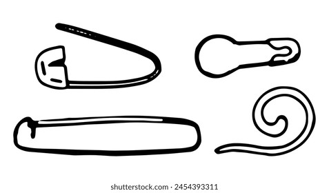 Sketch set of stitch markers for knitting. Tools for knitwork, crochet, handicraft doodles. Outline vector illustration collection.