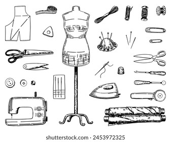 Sketch set of tailor tools. Doodles of sewing machine, mannequin, fabrics, threads, needles, scissors, dressmaker equipments. Outline vector illustrations collection.