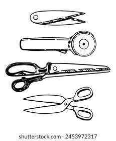 Sketch set of thread clipper, scissors, rotary cutter, knife for fabric. Sewing craft, tailor tool doodles. Outline vector illustration collection.