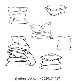 Sketch set vector illustration of pillow, art, pillow isolated, white pillow, bed pillow. Hand drawn.