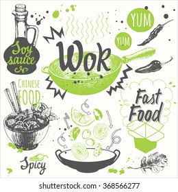 Sketch set with wok pan, chinese noodles, ginger, soy sauce. Funny labels asian fastfood symbols. Vector food illustration with products. 