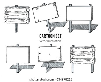 Sketch set of wooden signboards. Set of old wooden sign board in cartoon style. Isolated Hand drawn vector illustration. Shabby, crooked billboard and sign board with place for text