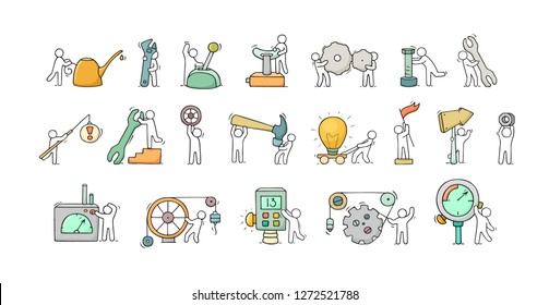 Sketch set of working little people with machinery elements. Doodle icons about engineering work. Hand drawn cartoon vector illustration for technical design.