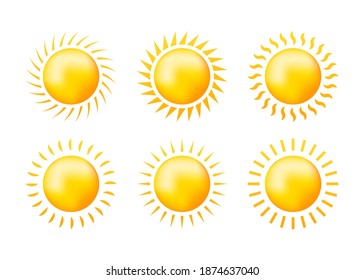 Sketch set yellow sun on white backdrop. Abstract light. Summer objects. Vector illustration.