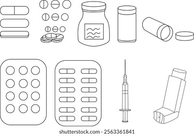 the sketch of several types of medicines such as: Tablets, Capsules, Liquids, Injections, and Inhalants.