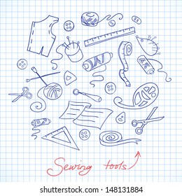 Sketch of sewing tools on a checkered paper