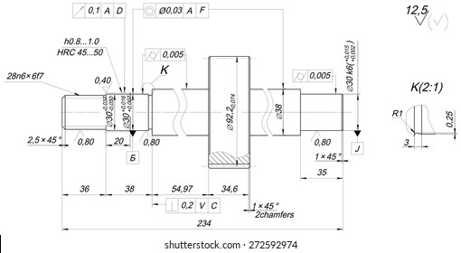 Sketch of shaft with chamfers. Engineering drawing with lines, angle degrees and numbers. Vector image