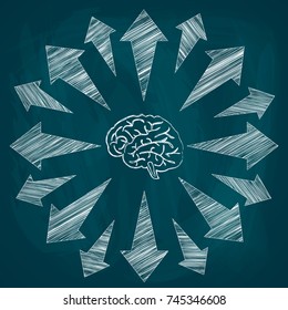 Sketch of shaped arrows, different directions, in the center illustration is the brain, vector illustration