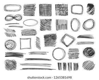 Sketch shapes. Hand drawn scribble frames. Pencil doodles. Sketched textures isoloted vector set