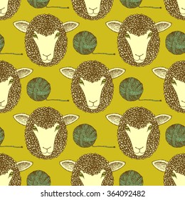 Sketch sheep and wool ball in vintage style, vector pattern