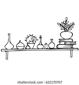 Sketch shelf with different bottle, vase, book. Graphic Hand Drawn illustration.Cartoon Vintage shelf