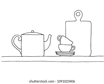 Sketch of a shelf with a kettle, cups and a cutting board. Vector illustration.