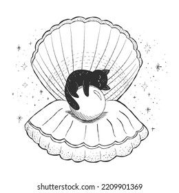 Sketch of shell, pearl and cat. Hand drawn scallop. Doodle animal. Black and white vector illustration.